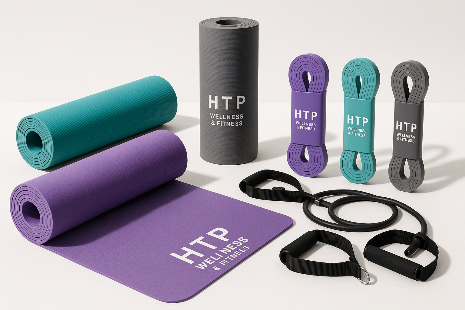 yoga mats and resistant bands with H T P Wellness & Fitness brand logo